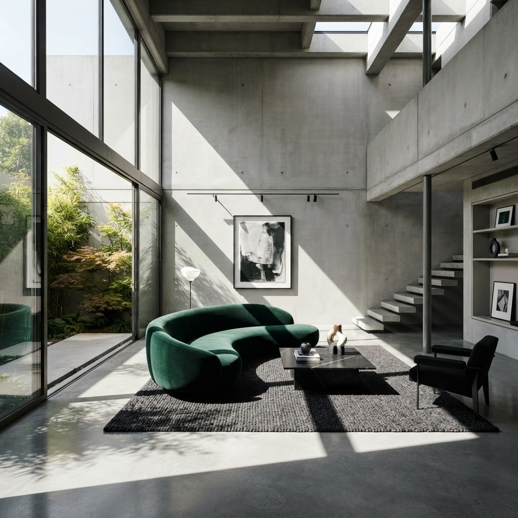 Contemporary gallery-like living room with a sculptural dark green sofa